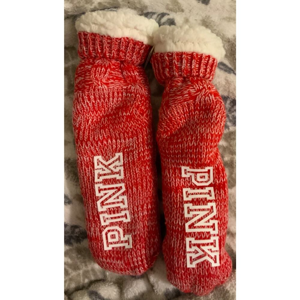 VICTORIA'S SECRET PINK SLIPPERS SOCKS RED WHITE SHERPA LINED BOOTIES NEW